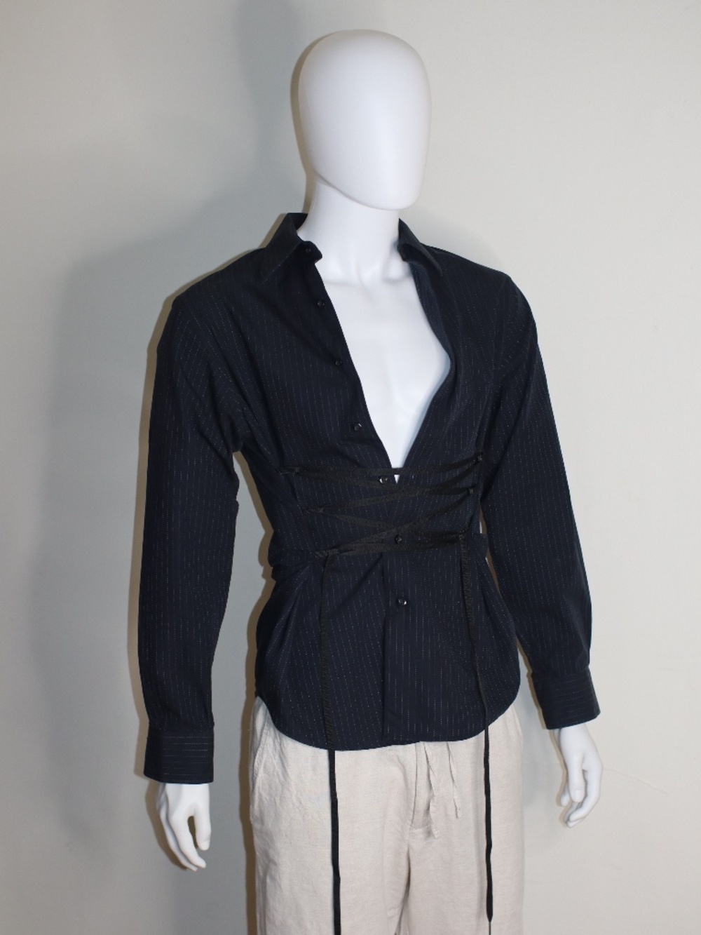 Stylish Upcycled Black Blue Stripped Shirt with a Corset Shoe Lace Detail